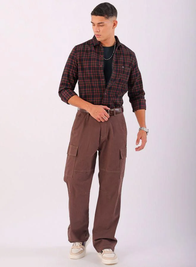 The Indian Garage Co Men Slim Fit Checkered Full Sleeves Cutaway Collar Casual Shirt