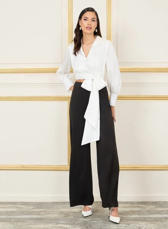 Styli Satin Collared Button Loop Closure Wrap Blouse