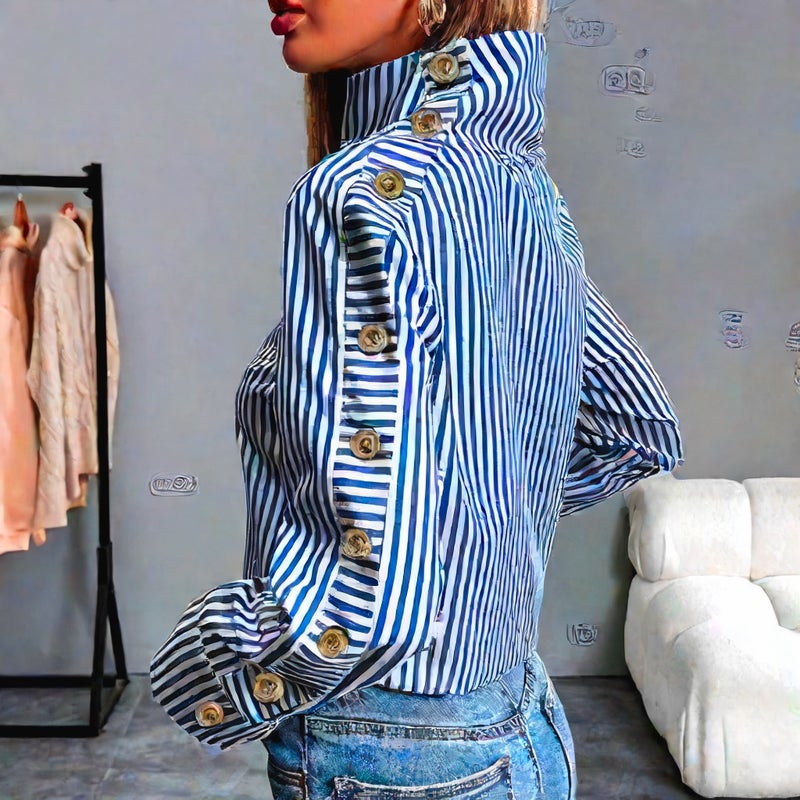 Striped Long Sleeve High Neck Casual Blouse - Image 2