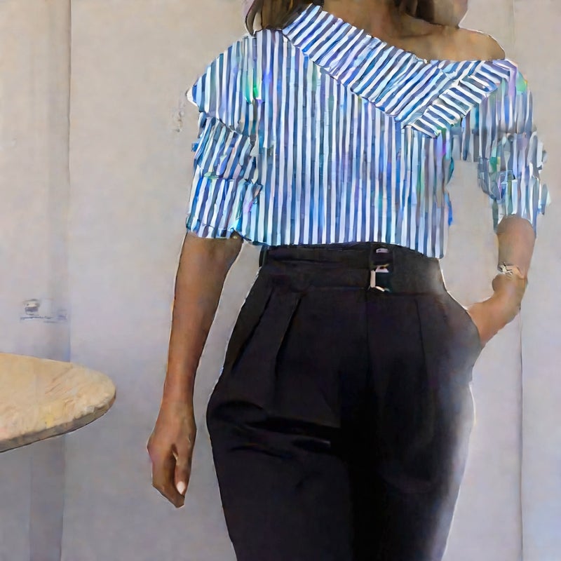 Striped Long Sleeve High Neck Casual Blouse - Image 3