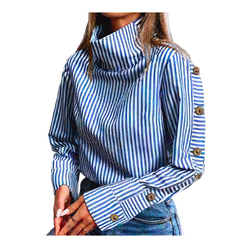Striped Long Sleeve High Neck Casual Blouse - Image 1