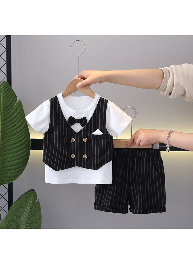 Black Boys Bow Tie Vest Crewneck Short Sleeve Baby Casual Shorts Two-piece Suit