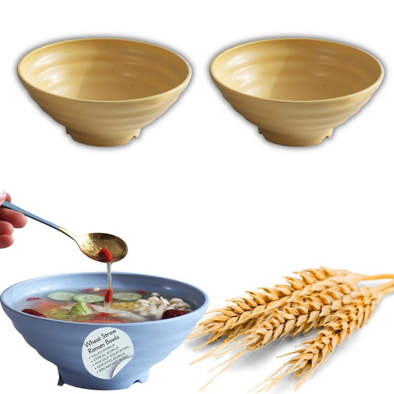 Clovis Bowls for Kitchen - Wheat Straw Bowl, Unbreakable Lightweight Bowls Set Microwave and Dishwasher Safe, Reusable Bouwl for Serving Soup,Ramen,Salad (Yellow, 21 x 8.5 CM, Pack of 2) - Image 1