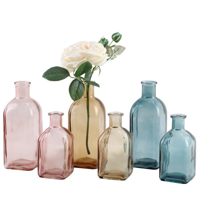 GLASS FLOWER VASE SET OF 6 CLEAR BUD VASES 145 OZ 8 OZ APOTHECARY BOTTLE ASSORTED COLOR VASES DECORATIVE FOR CENTERPIECES HOME DECORATION WEDDING RECEPTION TABLE DECOR