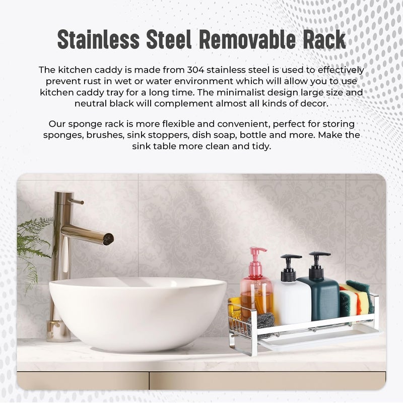 Xacton Stainless Steel Sink Caddy Organizer with Removable Tray - 30x9.5x9.5 CM I Kitchen Sponge Holder I Countertop or Adhesive Wall Mounting Organiser for Bath Accessories – Silver - Image 4