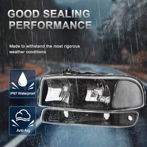KUIPERAUTO Headlight Assembly Front Lamp Compatible with 1999-2006 GMC Sierra 1500 2500, 2000-2006 GMC Yukon Headlamp w/Bulb Black Housing/Clear Lens/Clear Corner - Image 2