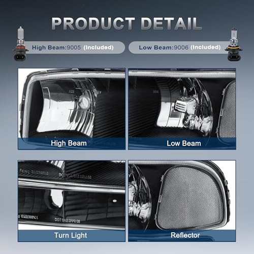 KUIPERAUTO Headlight Assembly Front Lamp Compatible with 1999-2006 GMC Sierra 1500 2500, 2000-2006 GMC Yukon Headlamp w/Bulb Black Housing/Clear Lens/Clear Corner - Image 4