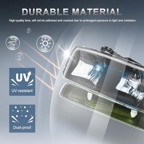 KUIPERAUTO Headlight Assembly Front Lamp Compatible with 1999-2006 GMC Sierra 1500 2500, 2000-2006 GMC Yukon Headlamp w/Bulb Black Housing/Clear Lens/Clear Corner - Image 3