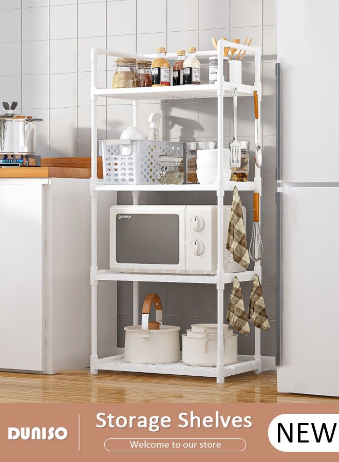 DUNISO 4 Tier Storage Shelves, Stable Kitchen Shelf Organizer, Storage Rack with Armrests, Removable Free Standing Rack with Hooks, Multipurpose Rack, Shelving Unit for Laundry Room,Living Room,Garage,Pantry,Study Room - Image 1