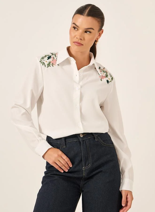 تايك تو Take Two Floral Embroidered Button Front Long Sleeve Shirt