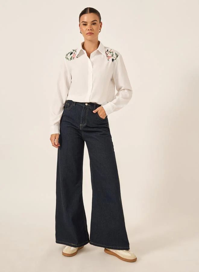 تايك تو Take Two Floral Embroidered Button Front Long Sleeve Shirt