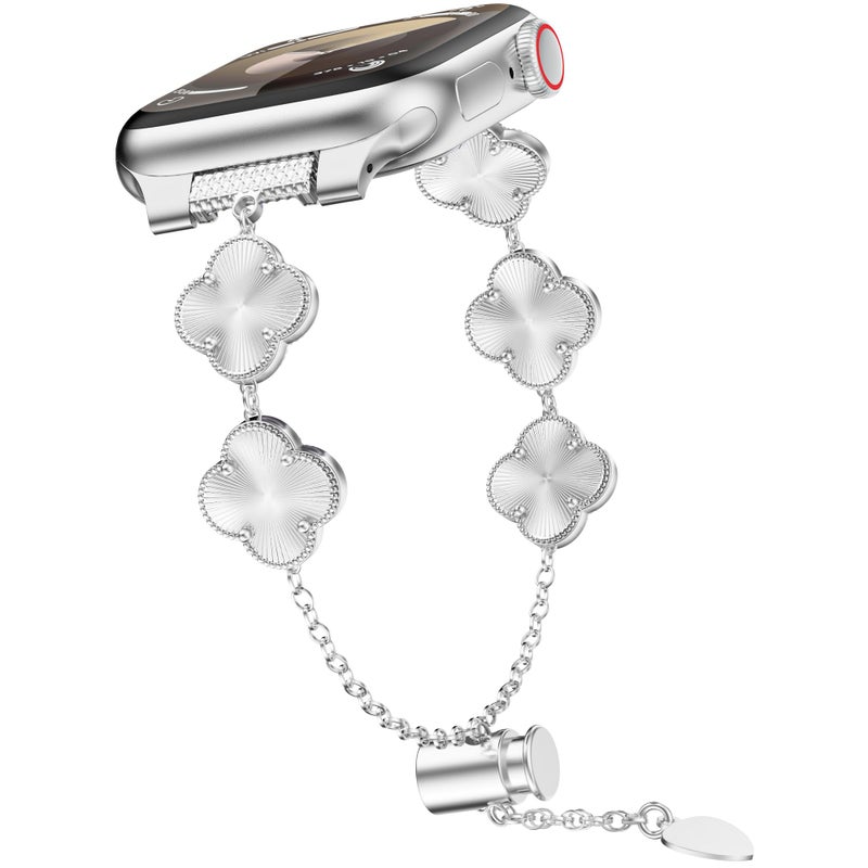 YMHML Clover Band Compatible for Apple Watch Bands for Women 42mm 41mm 40mm 38mm, Adjustable Bracelet, Lucky Clover Dressy Jewelry Metal Straps for iWatch Series 10 9 8 7 6 5 4 3 SE Ultra, Silver - Image 1