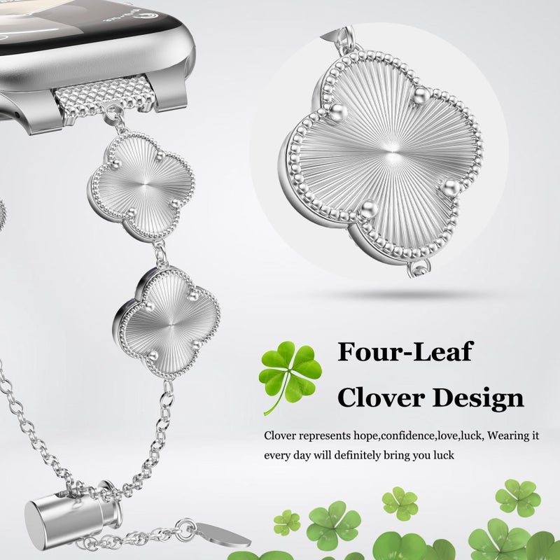 YMHML Clover Band Compatible for Apple Watch Bands for Women 42mm 41mm 40mm 38mm, Adjustable Bracelet, Lucky Clover Dressy Jewelry Metal Straps for iWatch Series 10 9 8 7 6 5 4 3 SE Ultra, Silver - Image 2