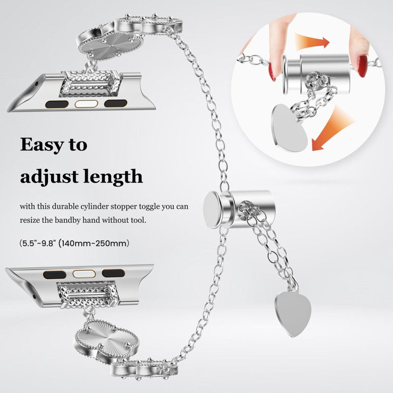 YMHML Clover Band Compatible for Apple Watch Bands for Women 42mm 41mm 40mm 38mm, Adjustable Bracelet, Lucky Clover Dressy Jewelry Metal Straps for iWatch Series 10 9 8 7 6 5 4 3 SE Ultra, Silver - Image 3