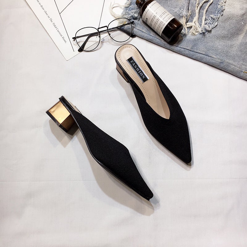 2020 Spring/ Style Closed-Toe Mules For Women, Flyknit Mid-Heel Pointed Mules, Chunky Heel Outdoor Lazy Sandals - Image 1