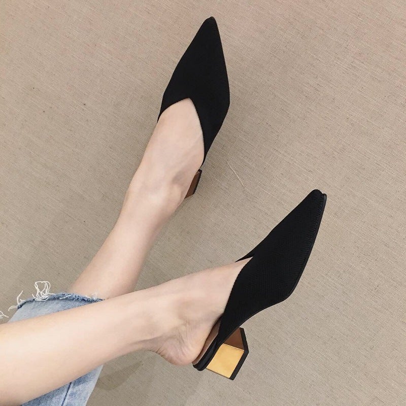 2020 Spring/ Style Closed-Toe Mules For Women, Flyknit Mid-Heel Pointed Mules, Chunky Heel Outdoor Lazy Sandals - Image 2