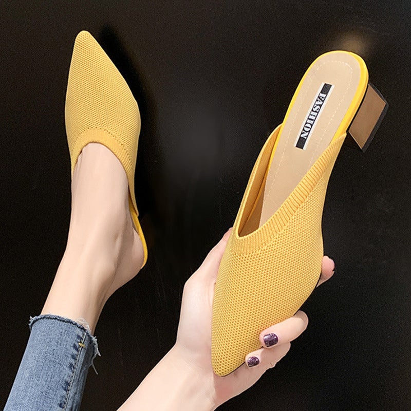 2020 Spring/ Style Closed-Toe Mules For Women, Flyknit Mid-Heel Pointed Mules, Chunky Heel Outdoor Lazy Sandals - Image 4