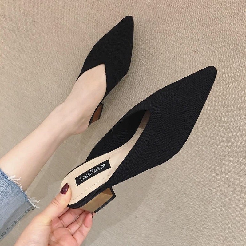 2020 Spring/ Style Closed-Toe Mules For Women, Flyknit Mid-Heel Pointed Mules, Chunky Heel Outdoor Lazy Sandals - Image 3