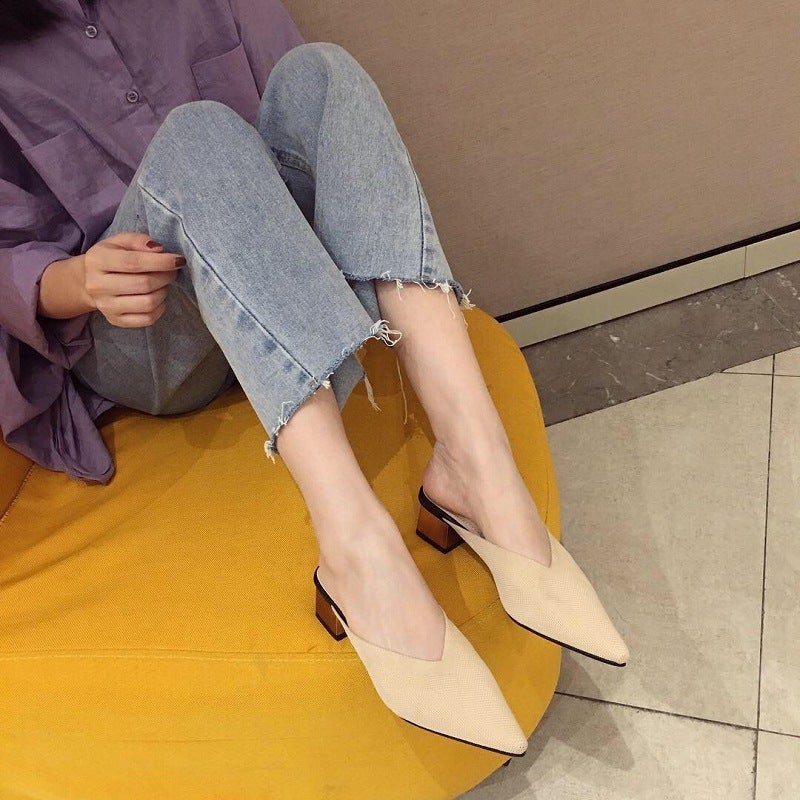 2020 Spring/ Style Closed-Toe Mules For Women, Flyknit Mid-Heel Pointed Mules, Chunky Heel Outdoor Lazy Sandals - Image 5