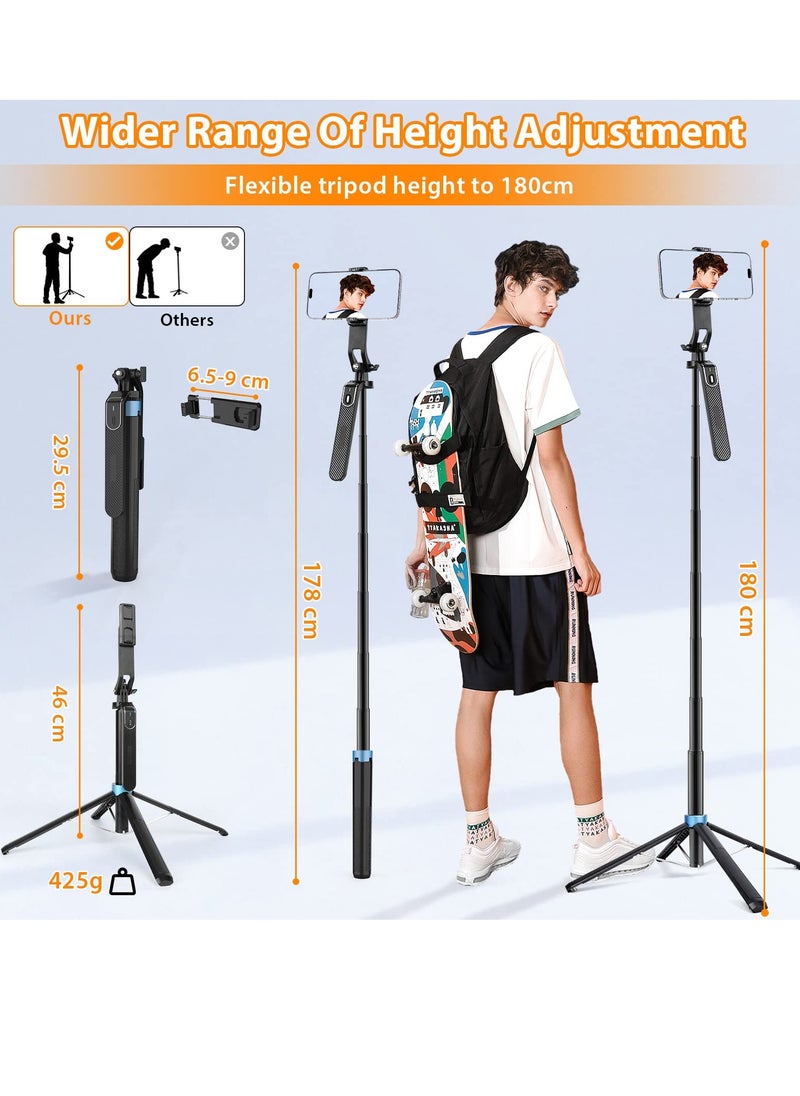 Eocean - 180cm Selfie Stick With Remote Antishake Phone Tripod With Balance Handle Solidest Tripod Stand Compatible With Iphone Android - Image 1