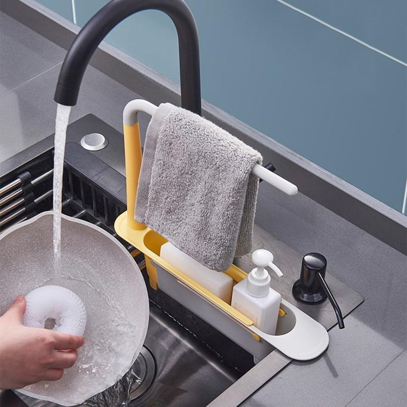 SEKOY ABS Plastic Telescopic Sink Storage Rack Adjustable Telescopic 2In1 Sink Shelf Rack With A Dish Cloth Expandable Sponge Soap Holder Multicolor - Image 3