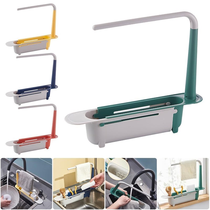 SEKOY ABS Plastic Telescopic Sink Storage Rack Adjustable Telescopic 2In1 Sink Shelf Rack With A Dish Cloth Expandable Sponge Soap Holder Multicolor - Image 4