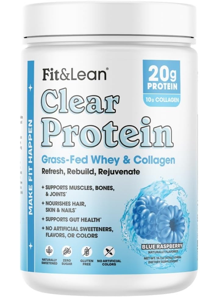 Fit & Lean Clear Protein Powder with Whey Isolate Protein and Collagen, Grass Fed, Muscle Recovery, Skin, Joints, GLP-1 Support, 0g Sugar, Blue Raspberry, 20 Servings - Image 1