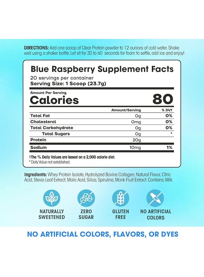 Fit & Lean Clear Protein Powder with Whey Isolate Protein and Collagen, Grass Fed, Muscle Recovery, Skin, Joints, GLP-1 Support, 0g Sugar, Blue Raspberry, 20 Servings - Image 2