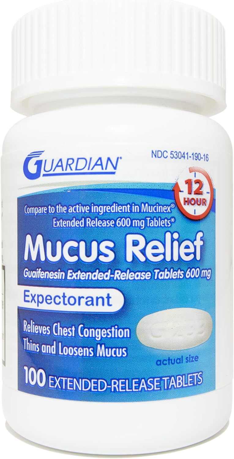 GUARDIAN Guardian Mucus Relief, 600mg Guaifenesin 12 Hour Extended Release, Chest Congestion Expectorant (100 Count Bottle)