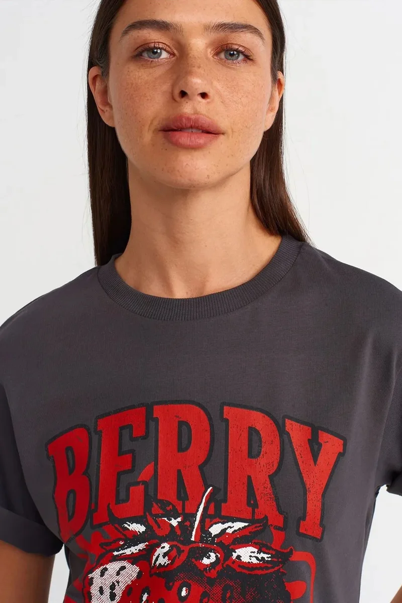 Dilvin Charcoal Grey DILVIN Women's Cotton Printed Crew Neck T-Shirt for Women | Best Price UAE
