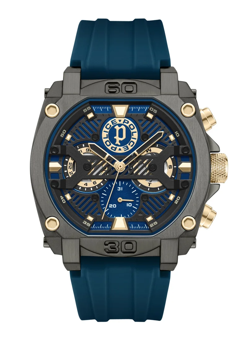 بوليس Norwood Navy & Black Sunray Dial Navy, Silicone Strap Gents Multifunction Watch with IP Gold Accents, 45mm