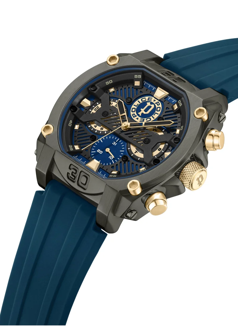 بوليس Norwood Navy & Black Sunray Dial Navy, Silicone Strap Gents Multifunction Watch with IP Gold Accents, 45mm