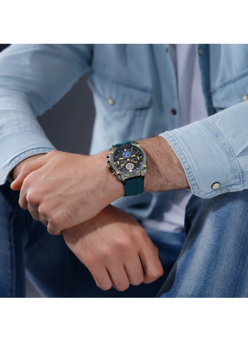 بوليس Norwood Navy & Black Sunray Dial Navy, Silicone Strap Gents Multifunction Watch with IP Gold Accents, 45mm