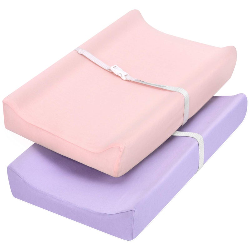 Moro Moro 3 Jersey Knit Ultra Soft Changing Pad Cover Set, Unisex Diaper Change Table Sheets For Baby Boys Girls, Fit 32"/34''X16" Contoured Pad, Comfy Cozy 2-Pack Cradle Sheets, Peachy Pink & Lilac