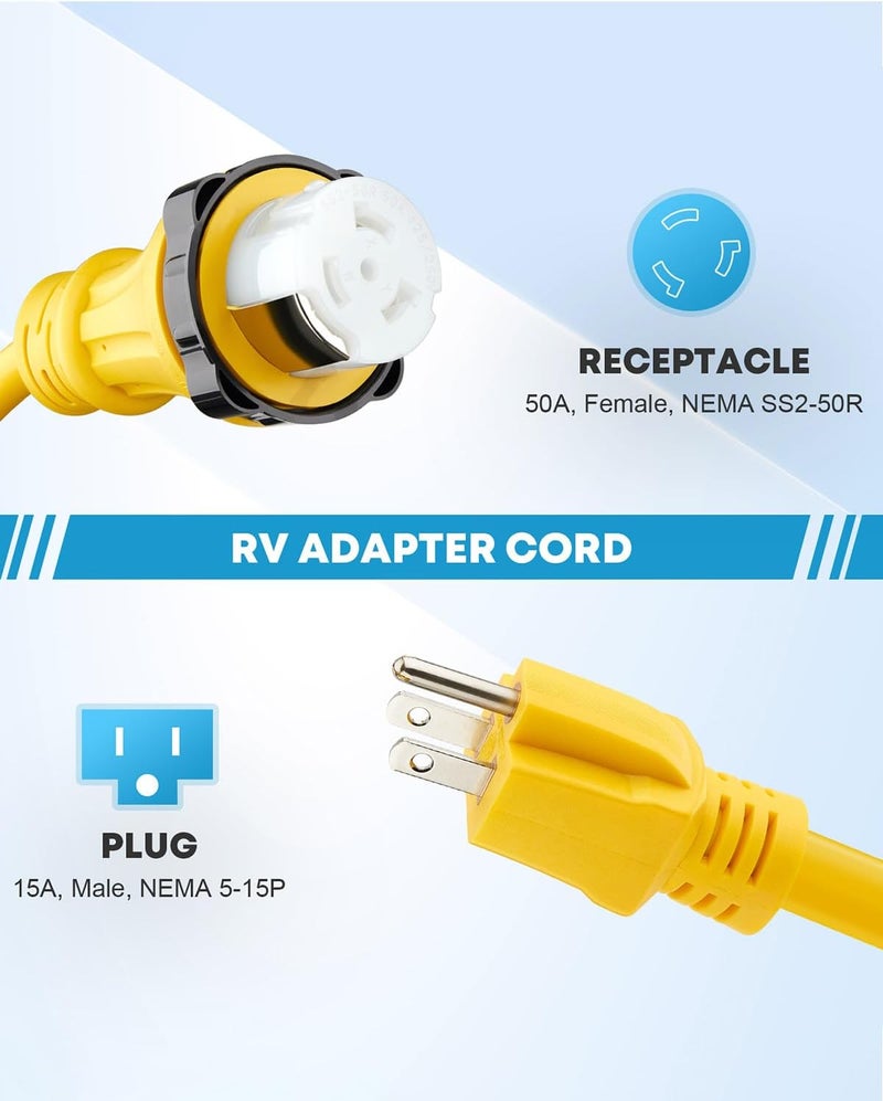Kohree 50 Amp to 110V RV Adapter, 15 Amp Male to 50 Amp Female RV Power Adapter Cord 12", RV Dogbone Electrical Adapter with Twist Lock Receptacle - Image 2