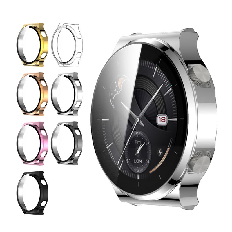 Hard PC Plating Case with HD Tempered Glass Screen Protector Full Coverage Protective Cover Thin Clear Bumper Shell Replacement for HUAWEI WATCH GT 2 Pro 46mm Silver - Image 1