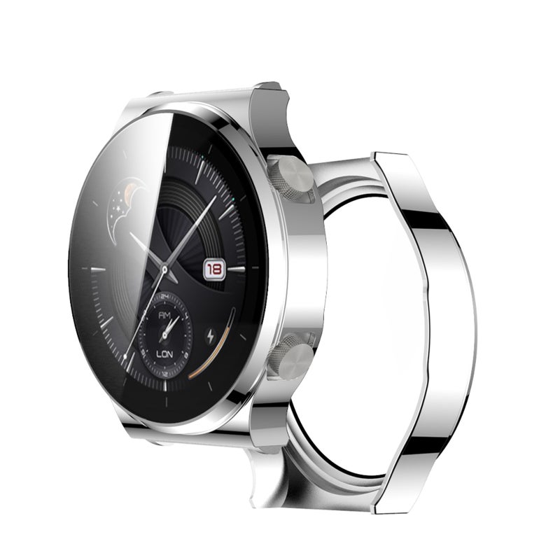 Hard PC Plating Case with HD Tempered Glass Screen Protector Full Coverage Protective Cover Thin Clear Bumper Shell Replacement for HUAWEI WATCH GT 2 Pro 46mm Silver - Image 3
