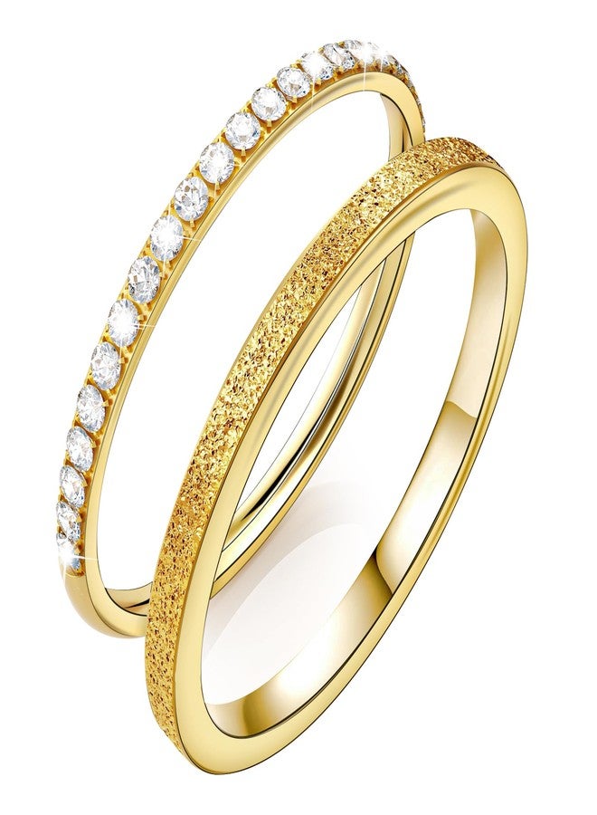 طقم من خاتمين مطليين بالذهب، مناسبين لخاتم Oura Ring 4/الجيل 3، مقاوم للصدأ، بلمسة نهائية غير لامعة مصقولة بالرمل، مرصعين بأحجار الزركونيا المرصعة بالألماس الصناعي، مقاس 10 للنساء - Image 1