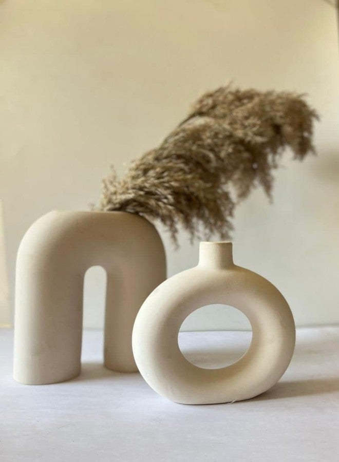 Craftribal Donut and Minimalist Flower Vase Set of 2, Matte Finish, 8 inches, Combo Pack of 2 Pcs, (White)(Ceramic) - Image 1