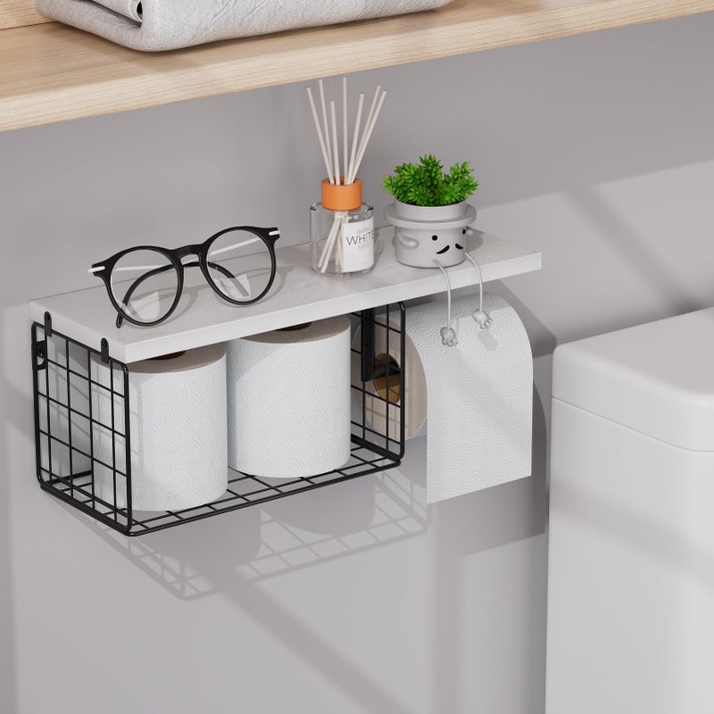 VITVITI Toilet Paper Holder with Shelf, Wall Mounted Toilet Paper Storage Basket, Wood Metal Toilet Roll and Wipes Holder for Bathroom Farmhouse (White) - Image 4