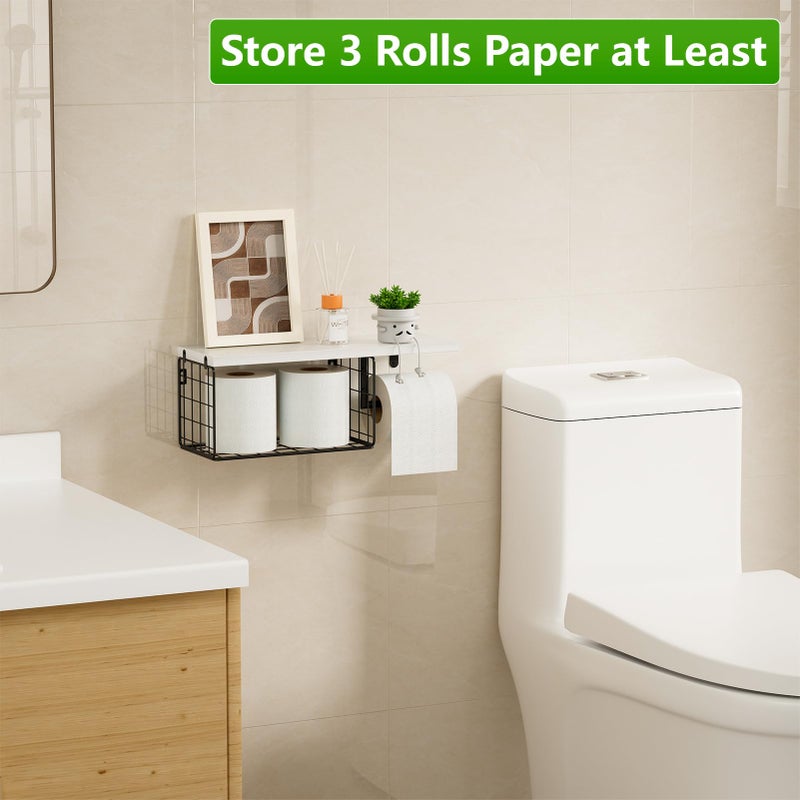VITVITI Toilet Paper Holder with Shelf, Wall Mounted Toilet Paper Storage Basket, Wood Metal Toilet Roll and Wipes Holder for Bathroom Farmhouse (White) - Image 3