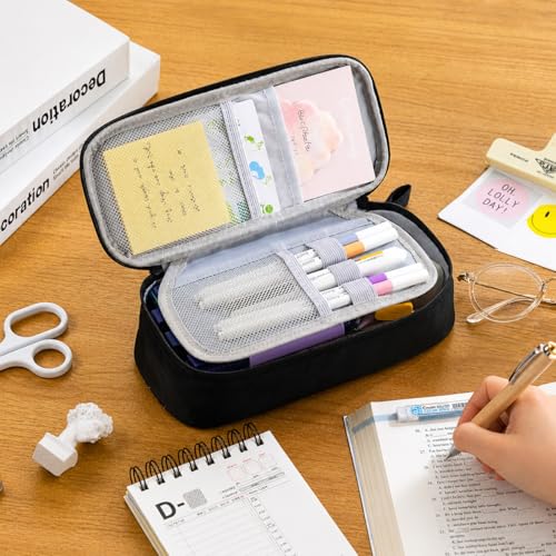 Angoo Large Capacity Pencil Pouch for Students – Waterproof Multi-Layer Stationery Organizer with Zipper, Durable Pen Case for School, Office & College Use – Black - Image 2