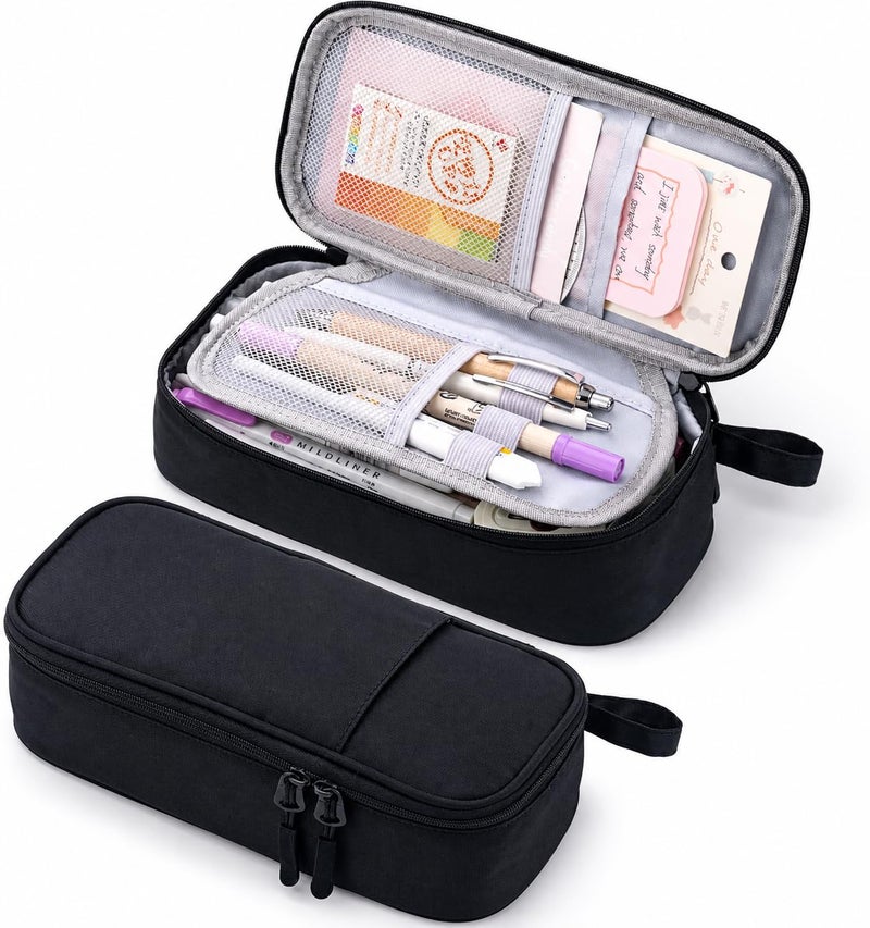 Angoo Large Capacity Pencil Pouch for Students – Waterproof Multi-Layer Stationery Organizer with Zipper, Durable Pen Case for School, Office & College Use – Black - Image 1