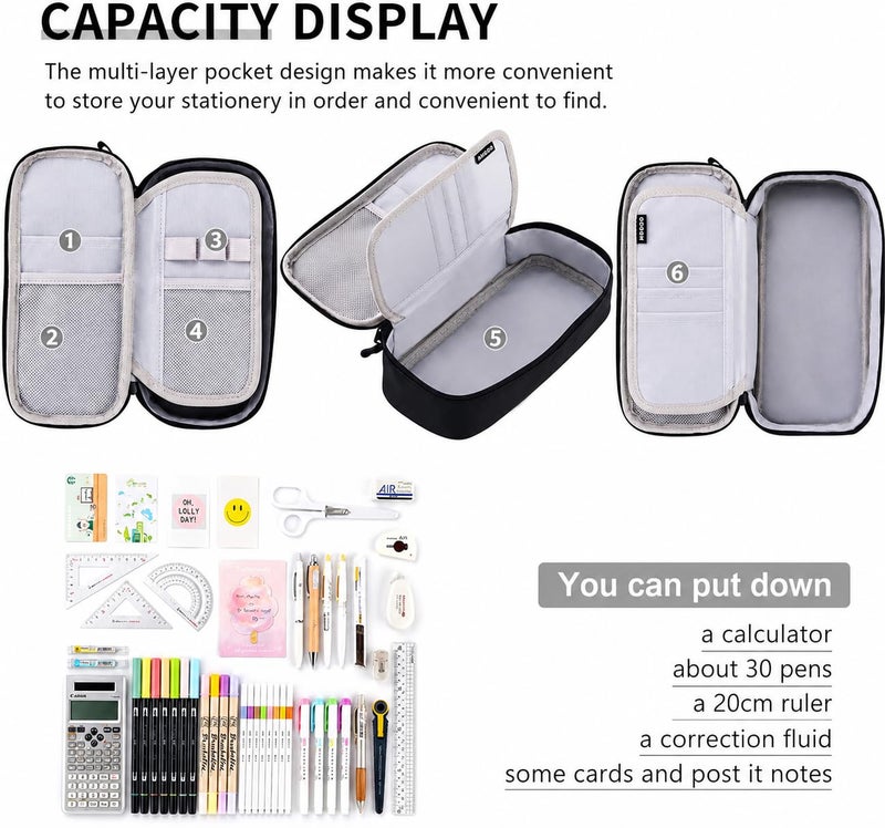 Angoo Large Capacity Pencil Pouch for Students – Waterproof Multi-Layer Stationery Organizer with Zipper, Durable Pen Case for School, Office & College Use – Black - Image 4