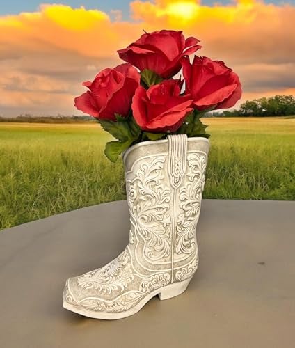Top Brass Cowgirl Boot Flower Vase 9 Tall Antique White Finish with Intricate Tooled Leather Detailing Decorative Western Cowboy Modern Rustic Decor - Image 3