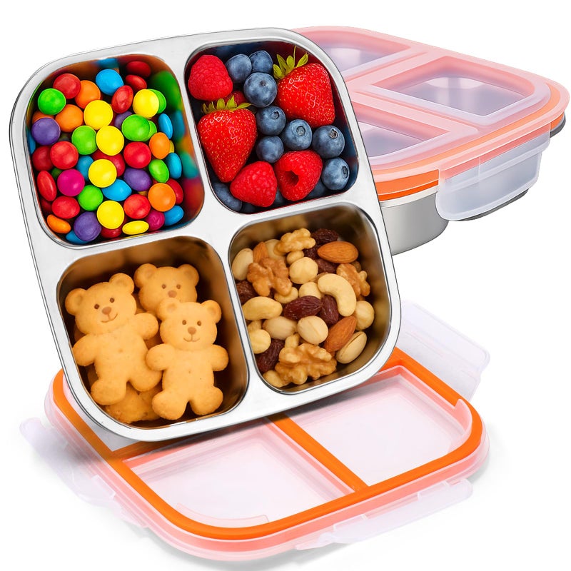 Palksky Snack Box Stainless Steel, 2PCS 4 Compartments Reusable Snackle Box Containers with Lids, Bento Snack Boxes for Home, Travel, Picnic, Camping - Image 1
