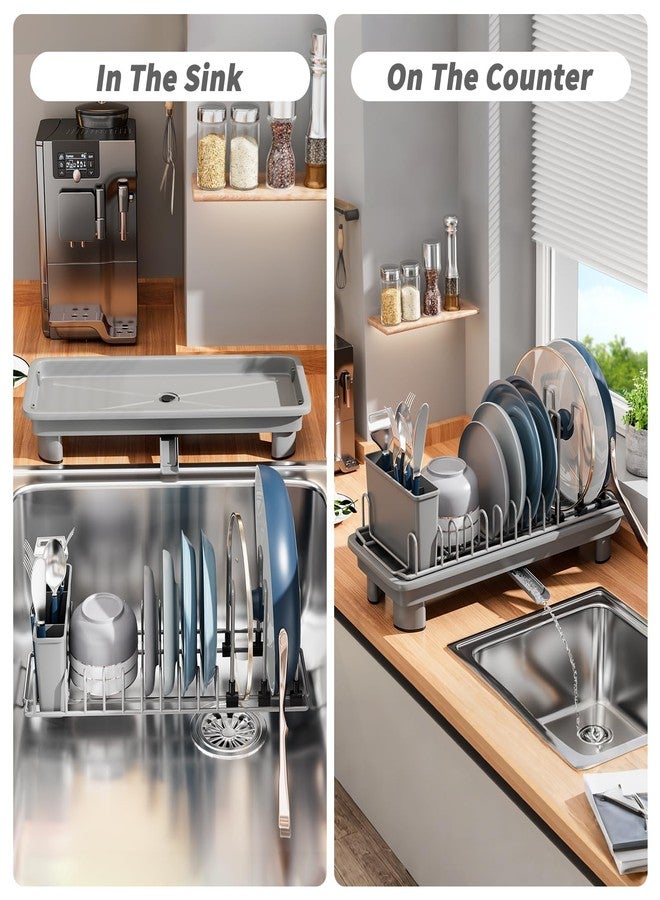 SanDream Small Dish Drying Rack, Compact Dish Rack for Kitchen Counter with Removable Cutlery Holder, 360°Rotating Spout, Multifunctional Stainless Steel Dish Drainer, Space Saving, Gray - Image 2