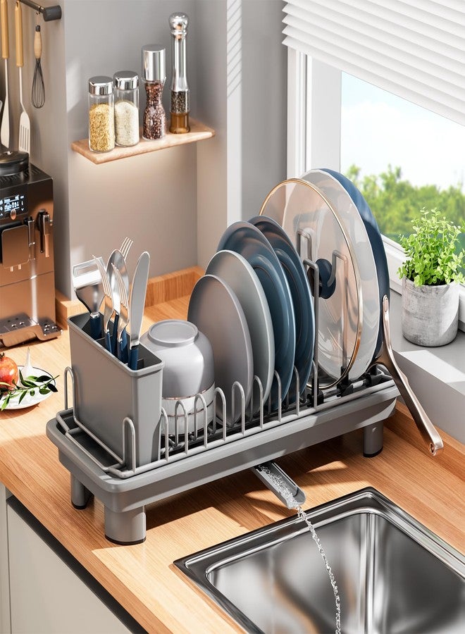 SanDream Small Dish Drying Rack, Compact Dish Rack for Kitchen Counter with Removable Cutlery Holder, 360°Rotating Spout, Multifunctional Stainless Steel Dish Drainer, Space Saving, Gray - Image 1