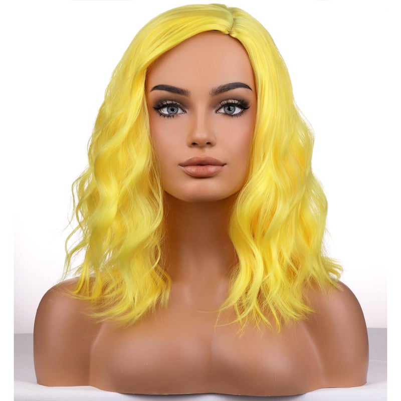BERON Yellow Wigs for Womens Short Curly Wavy Wig Girls Yellow Colored Side Part Wigs Shoulder Length Heat Resistant Synthetic Cosplay Party or Daily Used Wig