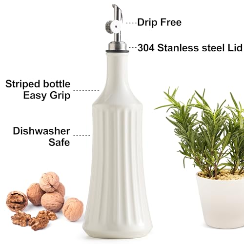 LYEOBOH Olive Oil Dispenser Bottle, Oil Dispenser for Kitchen, Ceramic Cooking Vinegar Dispensing Bottles with Spout, White - Image 3